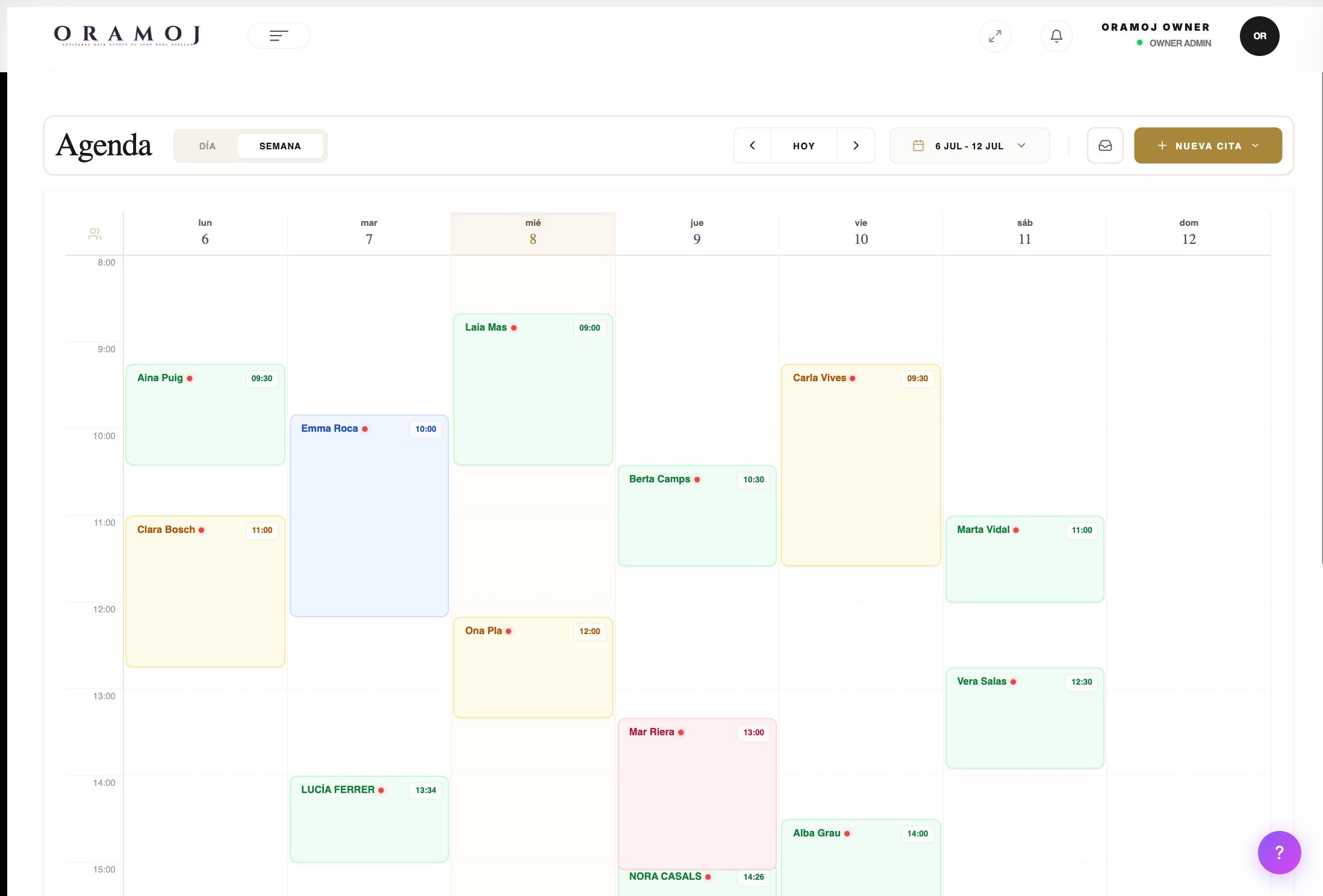Agenda semanal por profesional en ORAMOJ